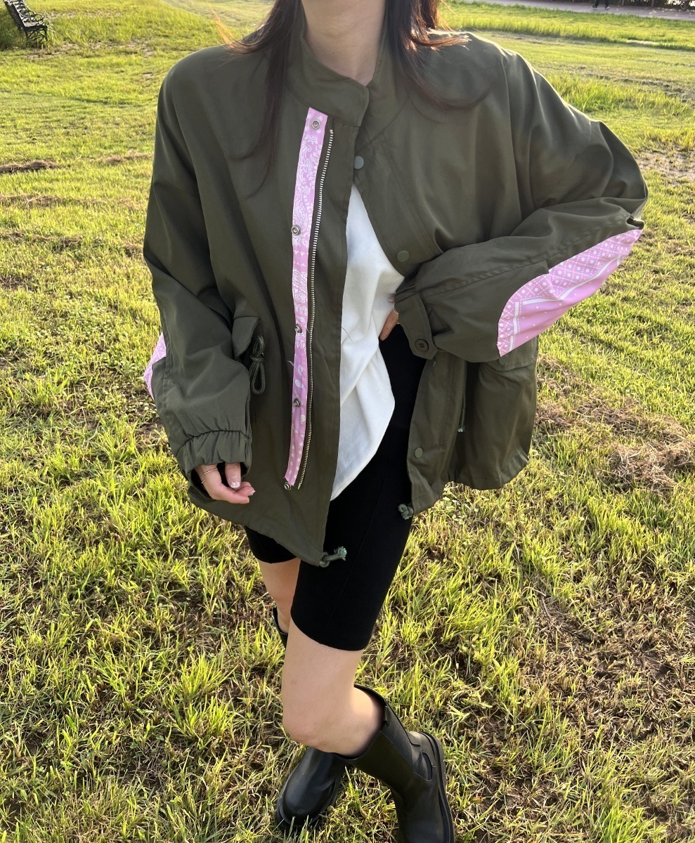 핑크배색 스트링 오버핏 야상 자켓